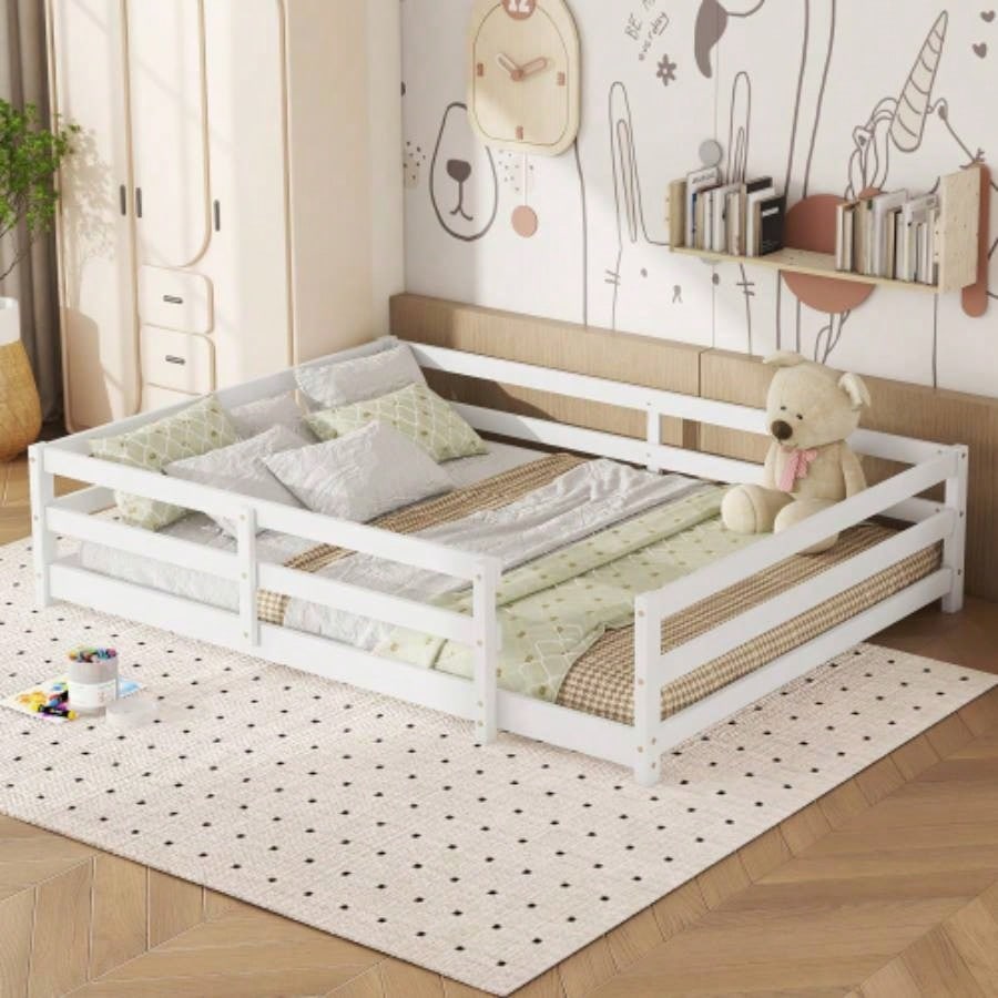 Twin Size Floor Bed, Montessori Floor Bed with Fence, Kids Montessori Bed Twin Size, Wood Montessori Floor Bed Kids, Girls, BoysWHITE