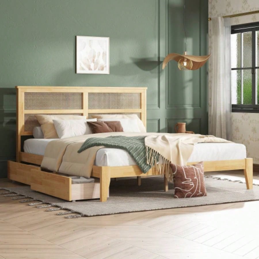 King Size Bed with Rattan Headboard, Two Storage Drawers, Rubber Wood Bed with Enhanced Support Salts and Feet, Espresso