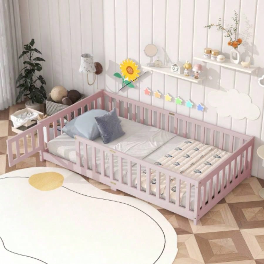 Twin Size Floor Bed with Fence and Door, Rubber Wood Floor Bed with Safety Guardrails, Natural