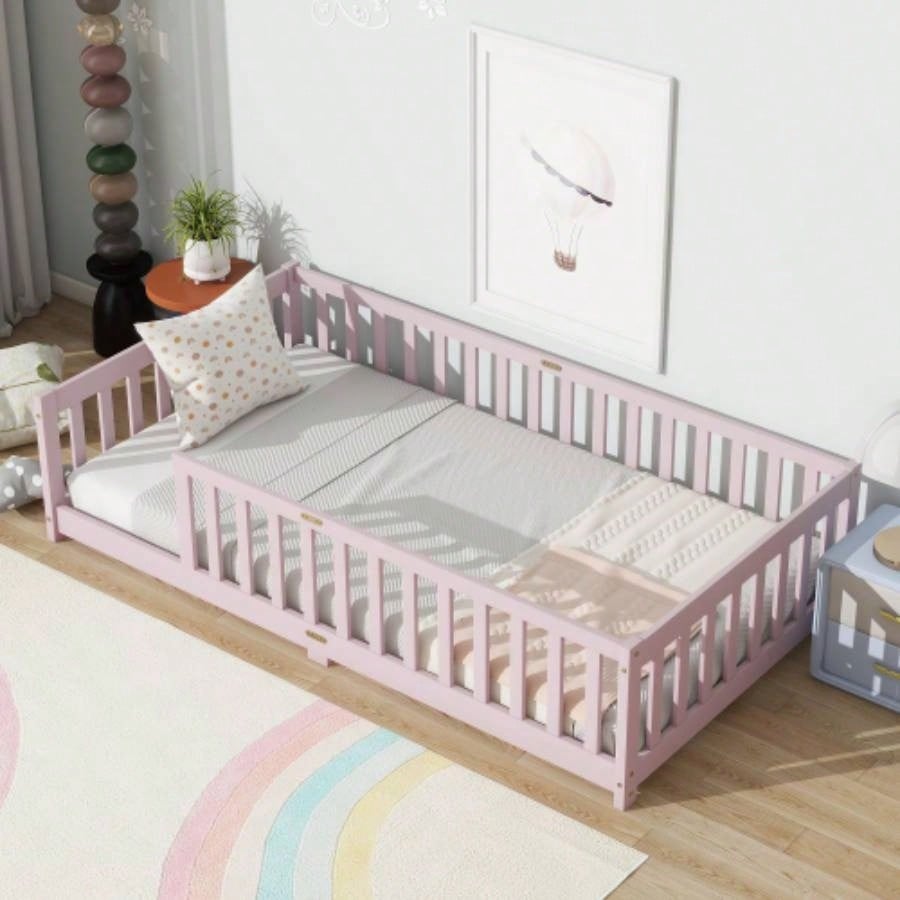 Twin Size Floor Bed with Fence without Door, Rubber Wood Floor Bed with Safety Guardrails,