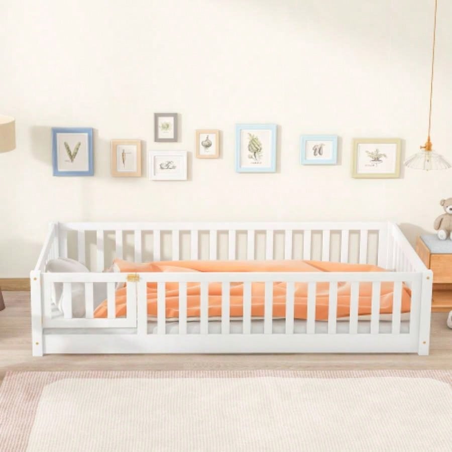 Twin Size Floor Bed with Fence and Door, Rubber Wood Floor Bed with Safety Guardrails, Natural