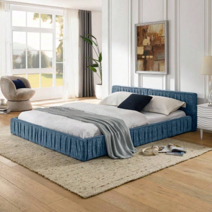 Size Upholstered Bed Frame with Chenille fabric with pleated design, Grounded Size Platform Bed with Headboard and Solid Frame. No Box Spring Needed - 886723.5