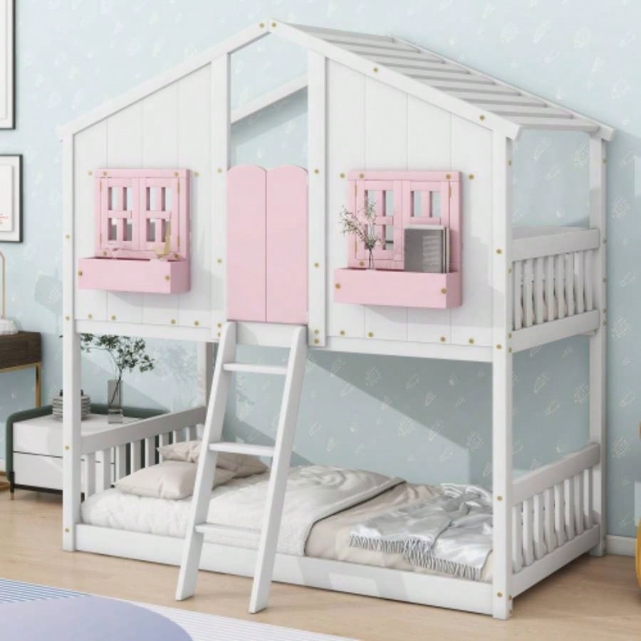 Twin over Twin House Bunk Bed with Roof, Window, Window Box, Door, with Safety Guardrails and Ladder, White