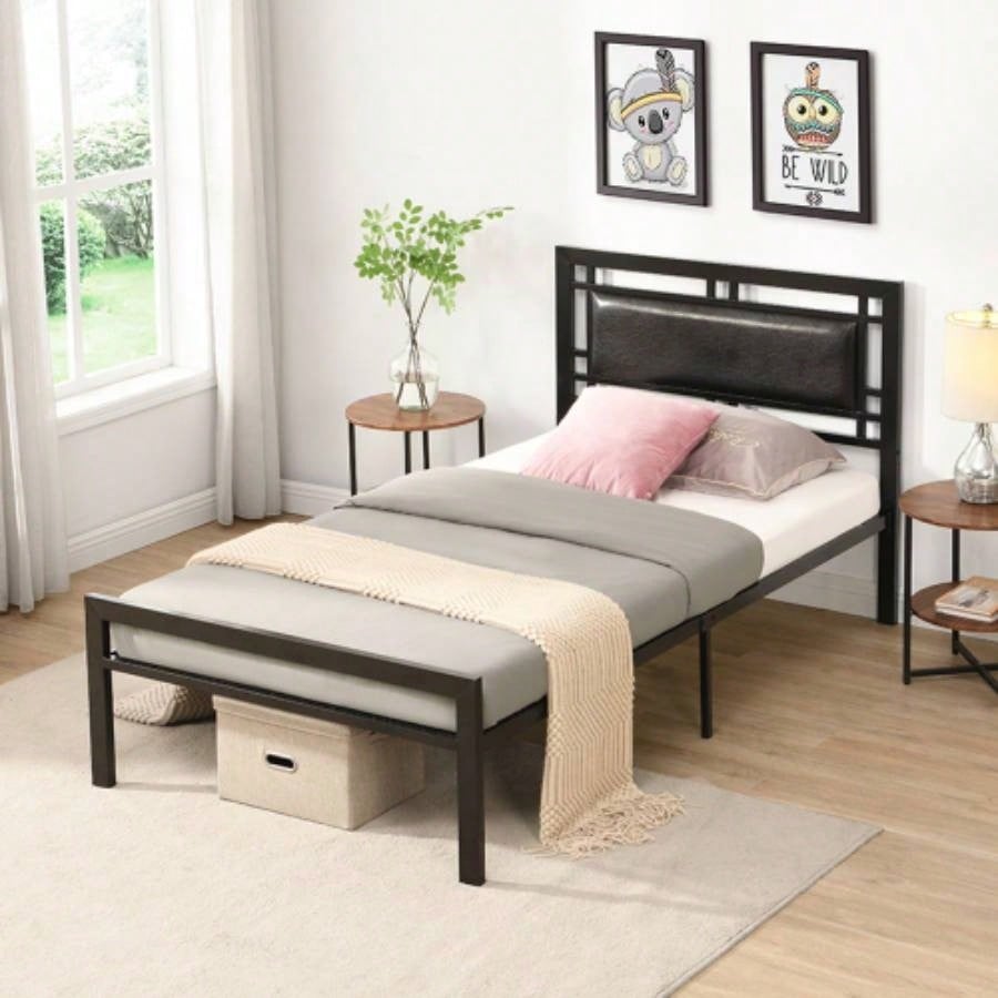 Metal Bed Frame with Headboard - Charcoal Gray, Queen Size