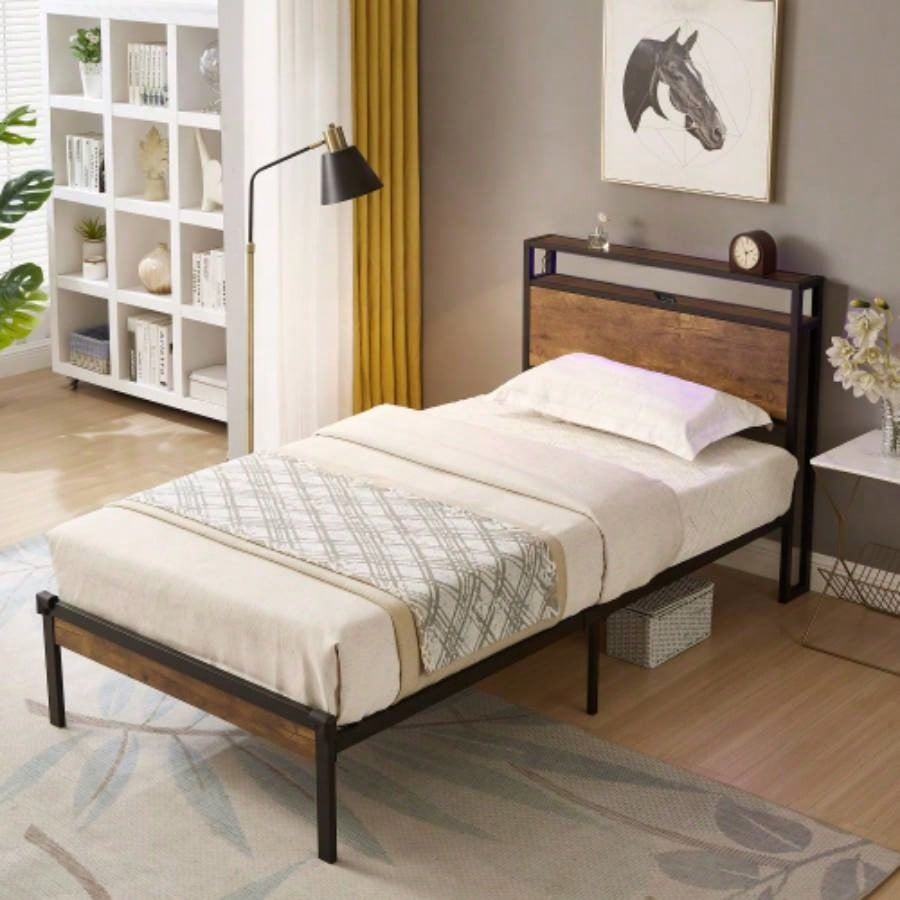 Size Metal Platform Bed Frame with Wooden Headboard and Footboard with USB LINER, No Box Spring Needed, Large Under Bed Storage, Easy Assemble