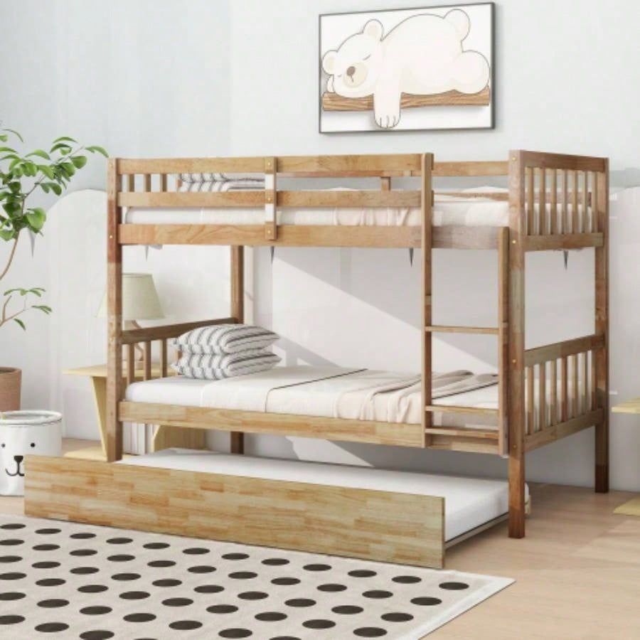 Twin Over Twin Rubber Wood Bunk Bed with Trundle, Convertible into Twin Size Beds, Twin Size Bunk Bed with Ladder and Safety Guardrails,