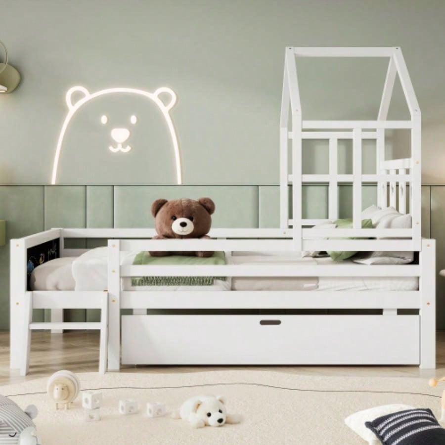 Twin Size House Bed with Ladder and Storage Drawers Kid Bedroom, Solid Wood Platfrom Bedframe with 2 Blackboard Design, No Box Spring Needed, White