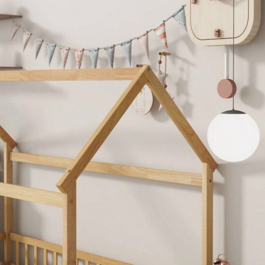 Twin Size House Floor Wooden Bed with Roof Frame, Safety Guardrails, Natural