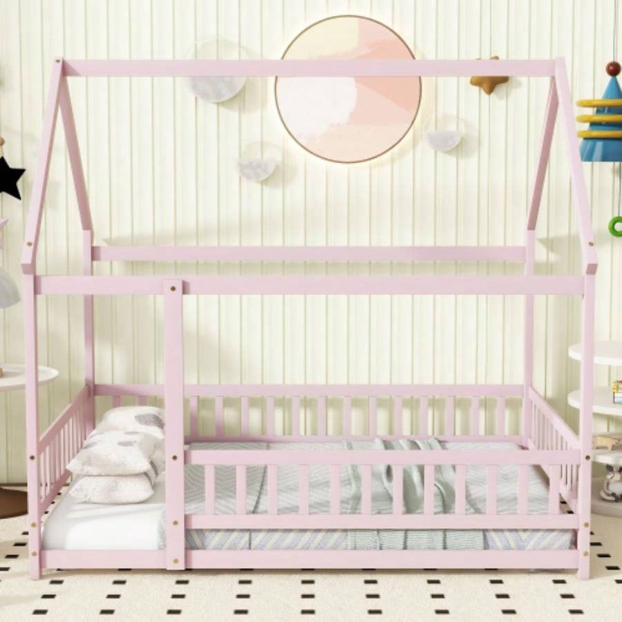 Full Size Wooden Bed with Roof Frame