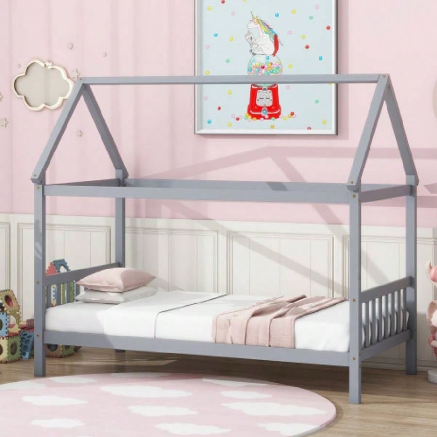 Twin House Bed with Headboard and Footboard, Twin Rubber Wood Bed with House Frame, Pink
