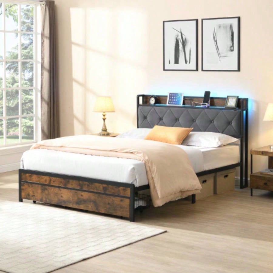 Bed Frame with Storage, Bed Frame with LED Lights Upholstered Headboard and 2 Drawers, USB Charging Station, No Box Spring Needed, Easy Assembly,