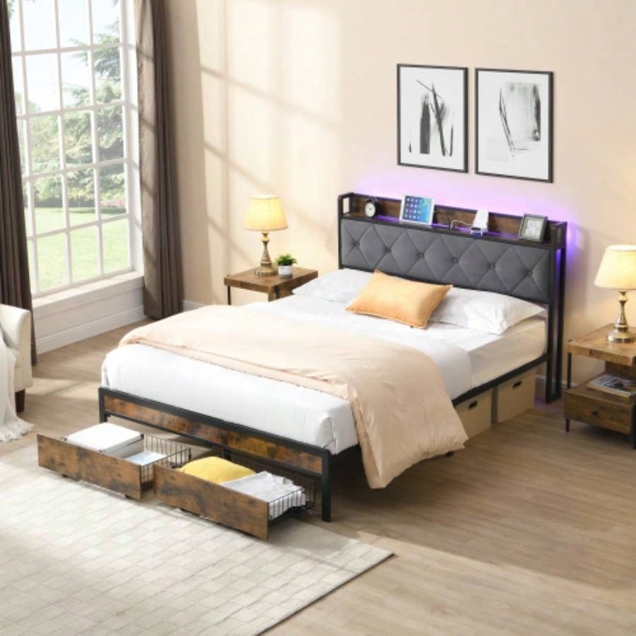 King Bed Frame with Storage, Bed Frame with LED Lights Upholstered Headboard and 2 Drawers, USB Charging Station, No Box Spring Needed, Easy Assembly, KING
