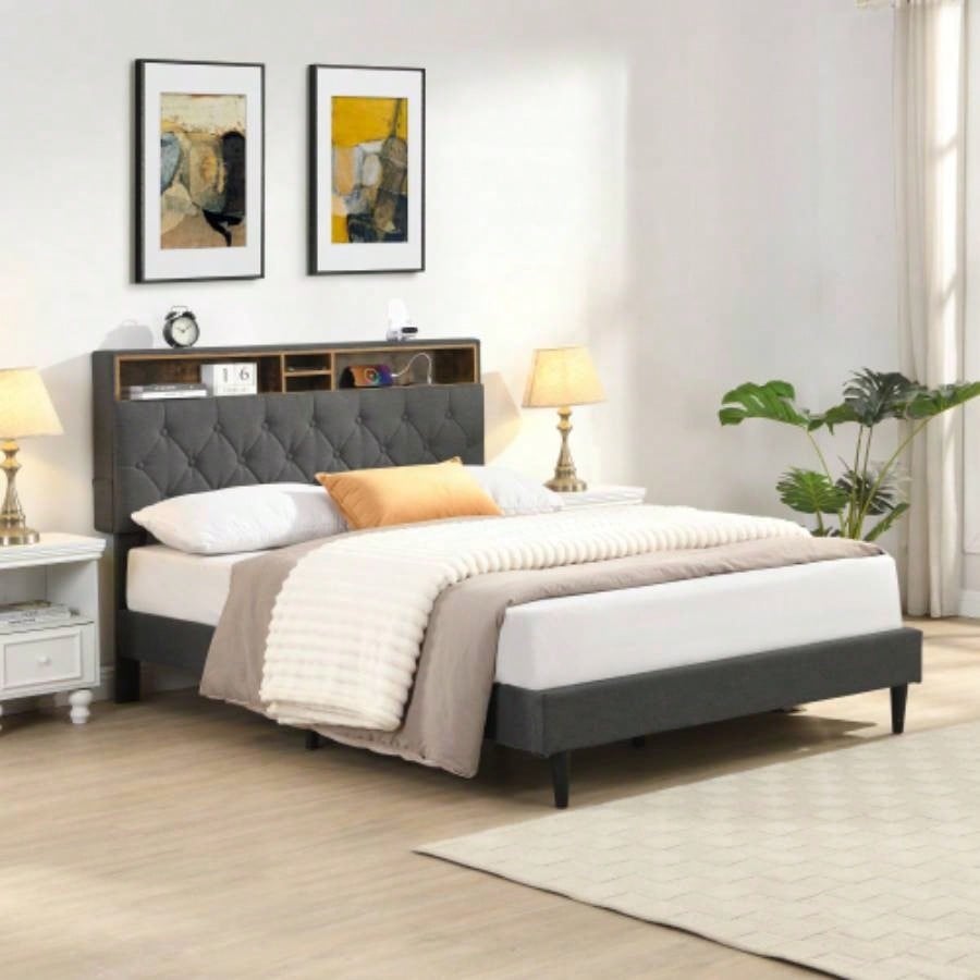 KING - Size Upholstered Platform Bed Frame with a Modern Button - Tufted Linen Fabric Headboard, USB Ports, Convenient Charging Station, two side - mounted pockets, not require a box spring, Dark