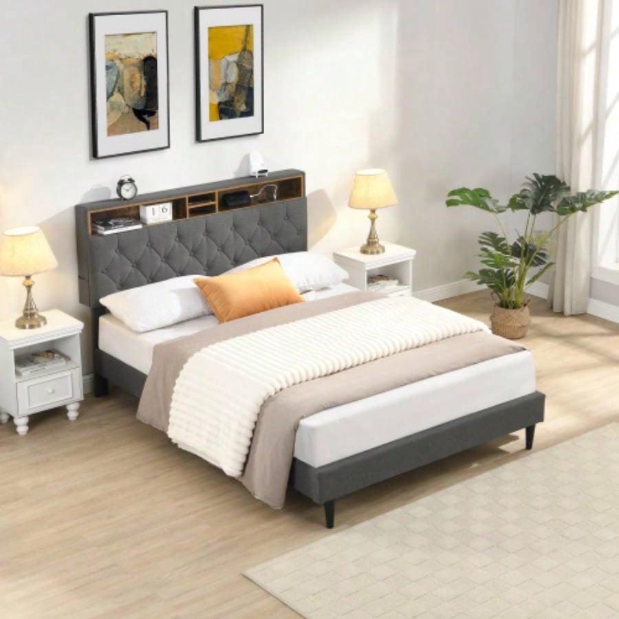 - Size Upholstered Platform Bed Frame with a Modern Button - Tufted Linen Fabric Headboard, USB Ports, Convenient Charging Station, two side - mounted pockets, not require a box spring, Dark