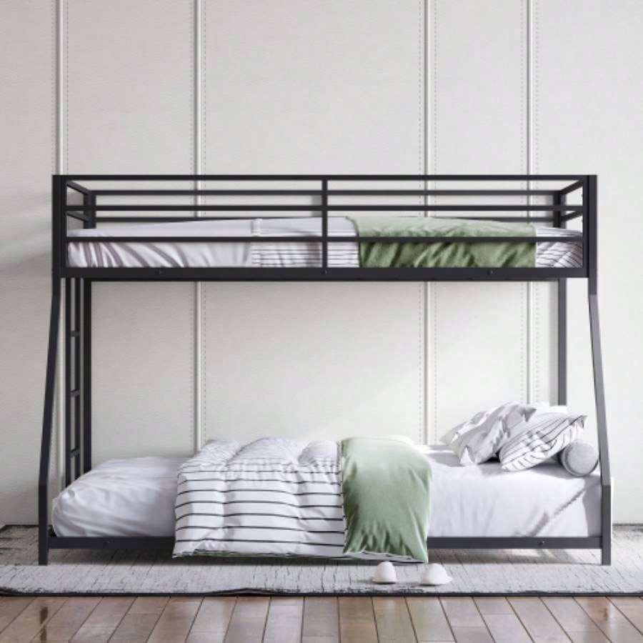 Metal Bunk Bed Twin Over Full Size with Removable Stairs, Heavy Duty Sturdy Frame Teen Adults, Teens, No Box Spring Needed, Black