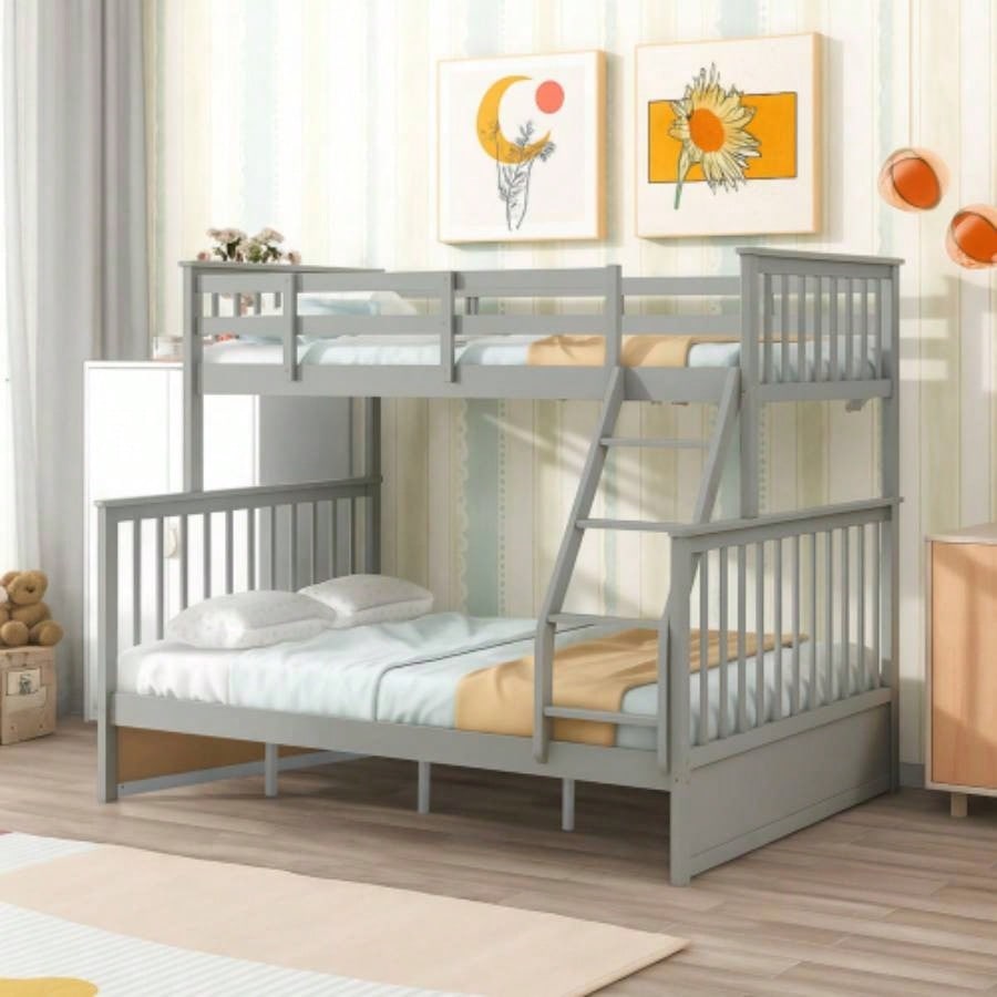 Twin Over Full Bunk Bed with Storage Drawers, Wooden Bunk Bed with Ladder and Safety Guard Rails - Gray