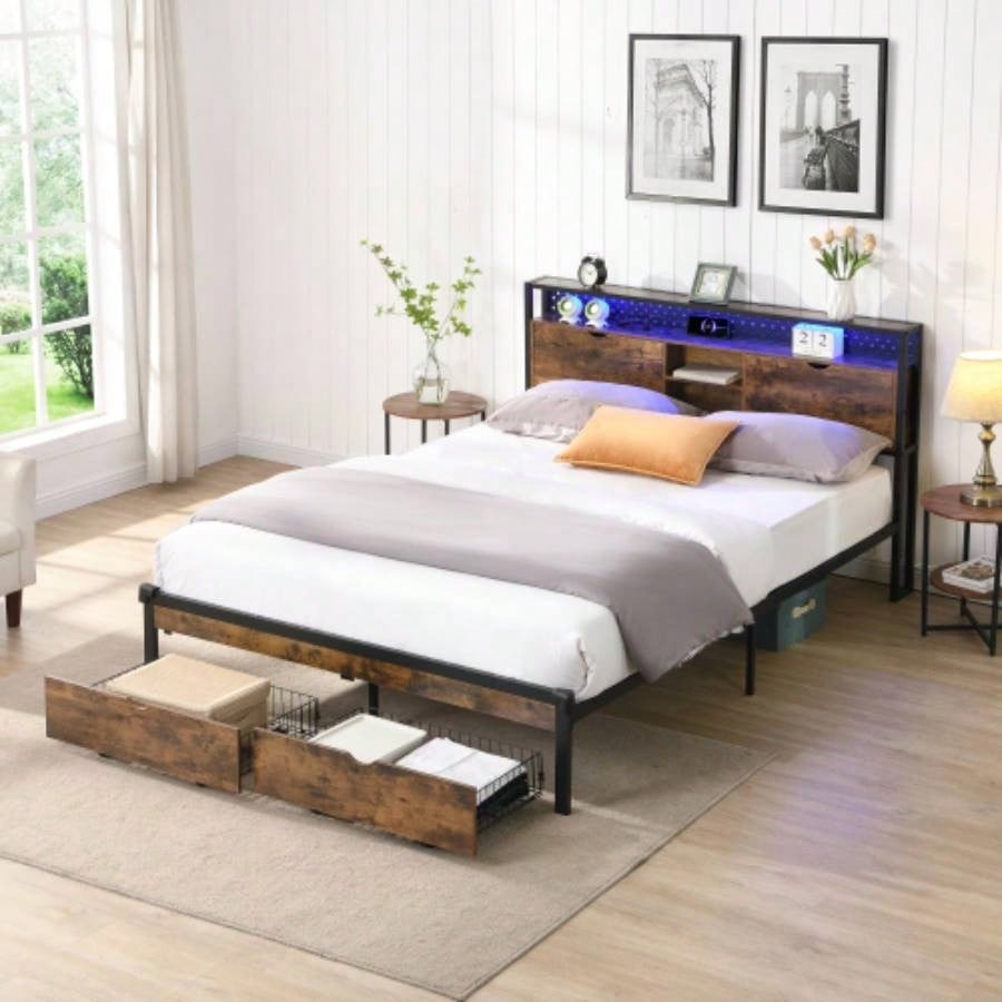 Size Metal Platform Bed Frame with Wooden Headboard and with Footboard USB, Charging Station, 2 Drawers, storage, LED Lights, No Box Spring Needed, Easy Assemble