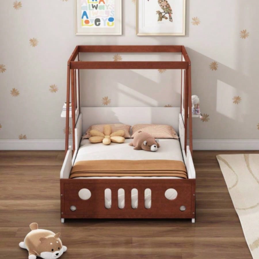 Fun Design Twin Size Car Bed, Kids Platform Bed in Car - Shaped Kids Boys Girls Teens, White+ Orange