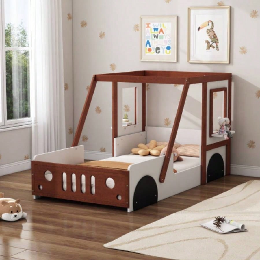 Fun Design Twin Size Car Bed, Kids Platform Bed in Car - Shaped Kids Boys Girls Teens, White+ Orange