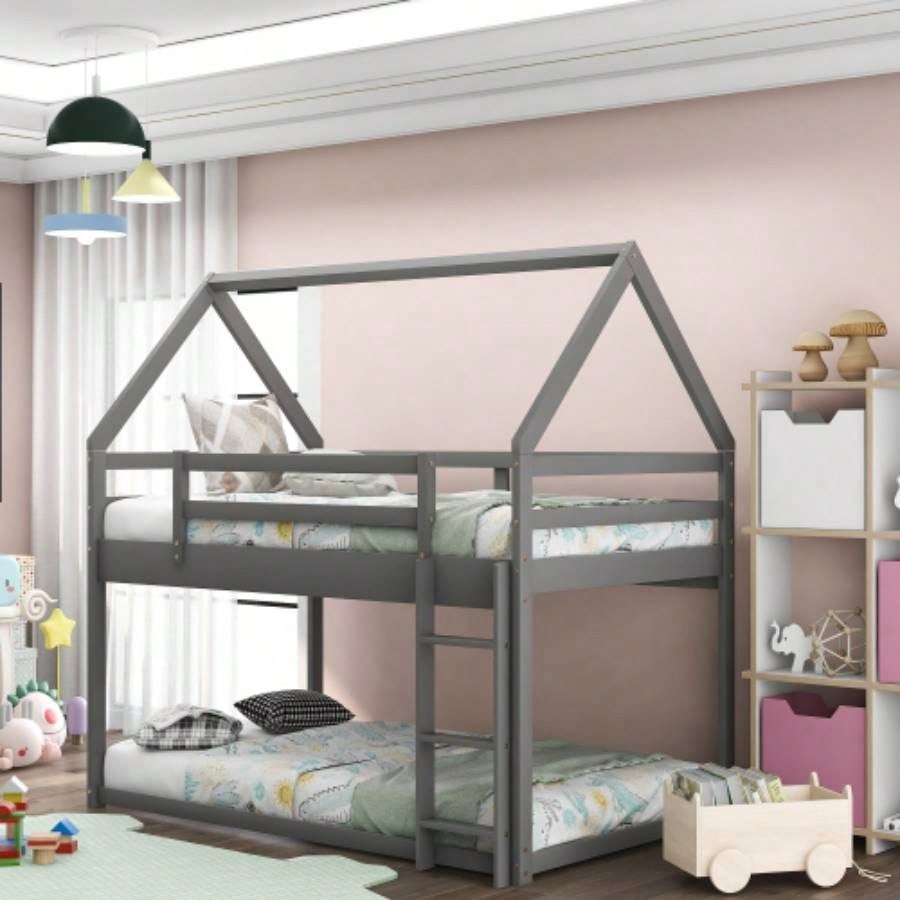 Twin Size Bunk House Bed with Slide and Ladder, Gray