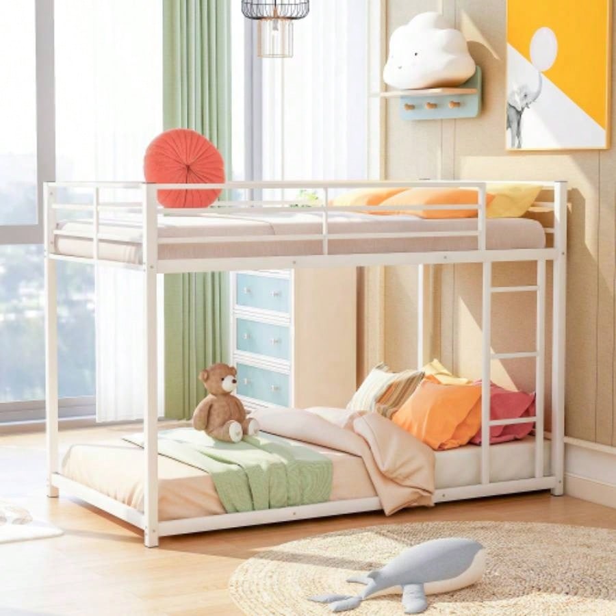 Twin over Twin Metal Bunk Bed, Low Bunk Bed with Ladder, SilverOLD SKU: WF282465AAN