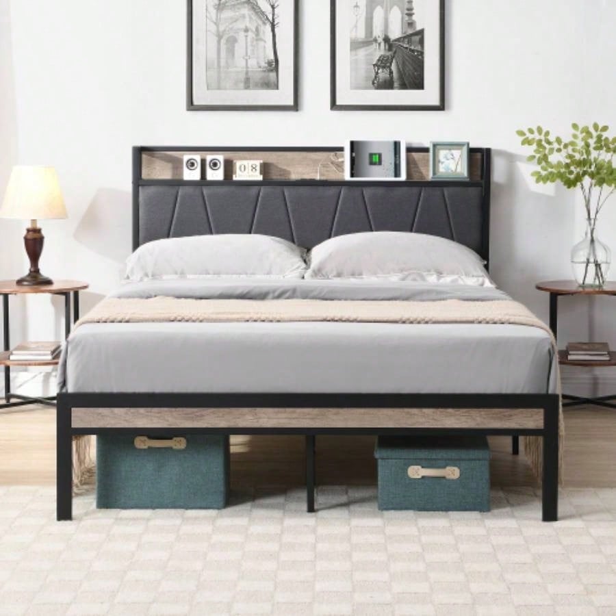 Size Metal Platform Bed Frame with upholstery storage function Headboard and USB LINER and Footboard with drawers, No Box Spring Needed, Large Under Bed Storage, Easy Assemble