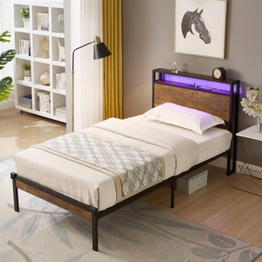 Full Size Metal Platform Bed Frame with Wooden Headboard and Footboard with USB LINER, LED Lights, No Box Spring Needed, Large Under Bed Storage, Easy Assemble