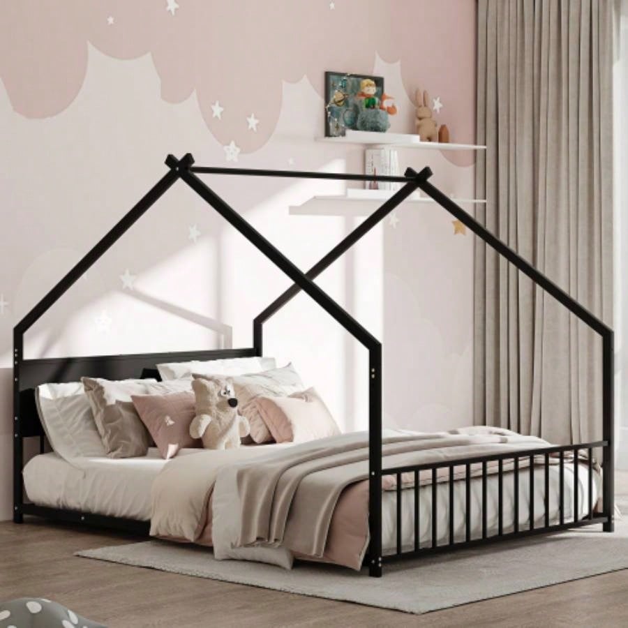 Twin Size House Bed with Roof and Colorful Lights, Metal Bed Frame with Slats and, House Bed Boy, Girls and Young Teens, No Box Spring Needed Black