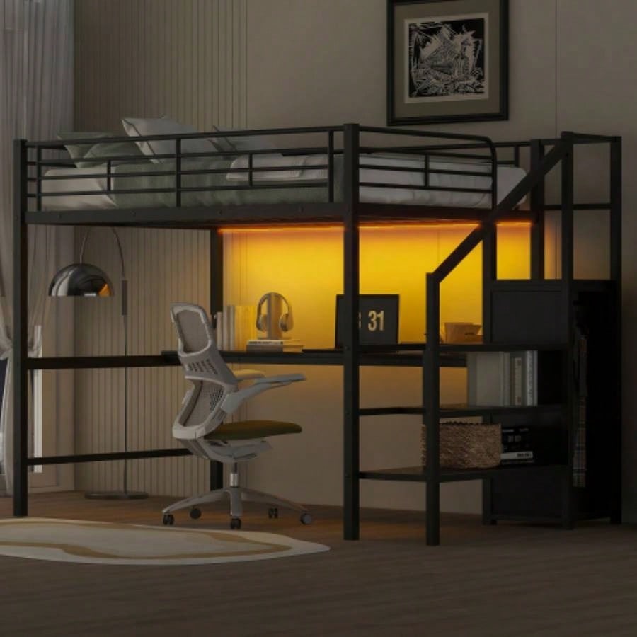 Full Size Metal Loft Bed with Desk, Storage Staircase, Small Wardrobe and LED Light, White