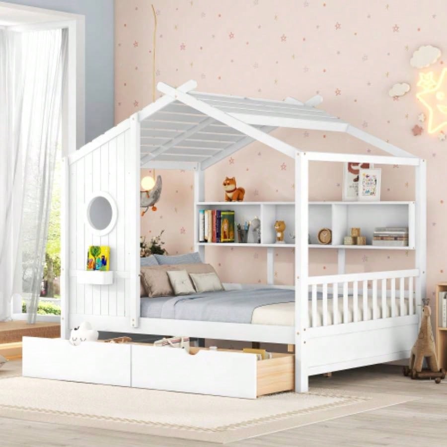 Wooden Twin Size House Bed with 2 Drawers, Kids Bed with Storage Shelf, WhiteOld SKU: HL000051AAK