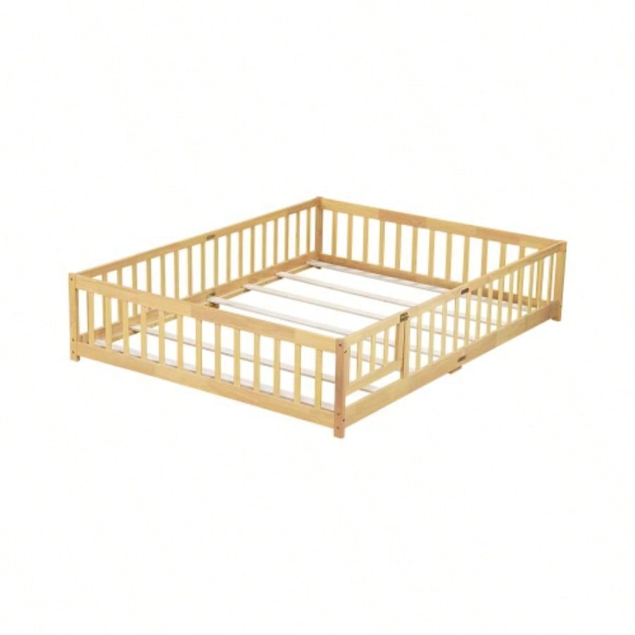 Size Floor Bed with Fence, Door, Rubber Wood Floor Bed with Safety Guardrails, Natural