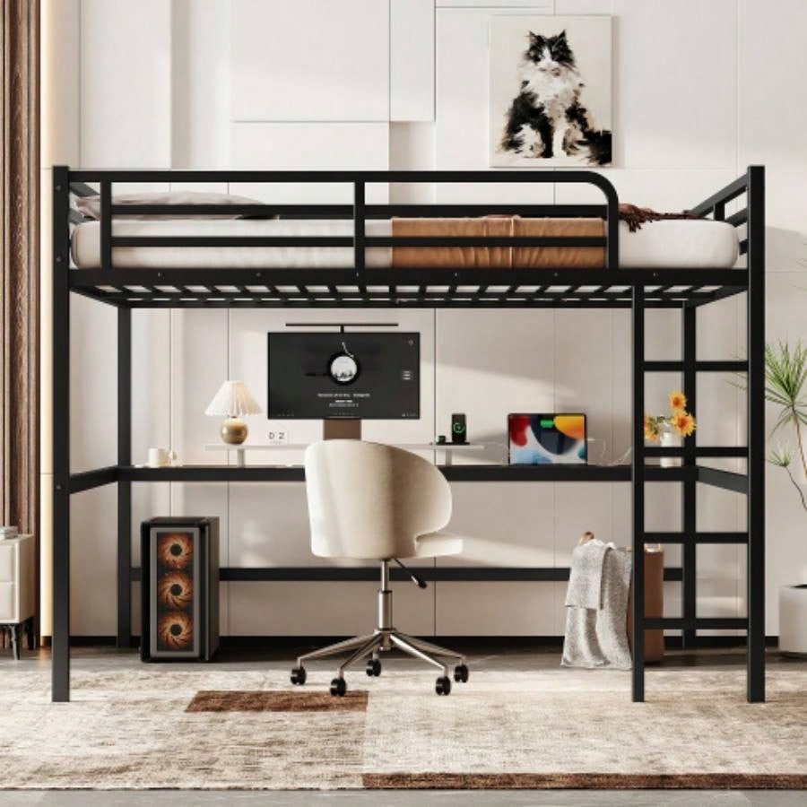 Metal Full Size Loft Bed with Power Outlet and LED Lighted, Space - Saving, Noise Reduced, Black