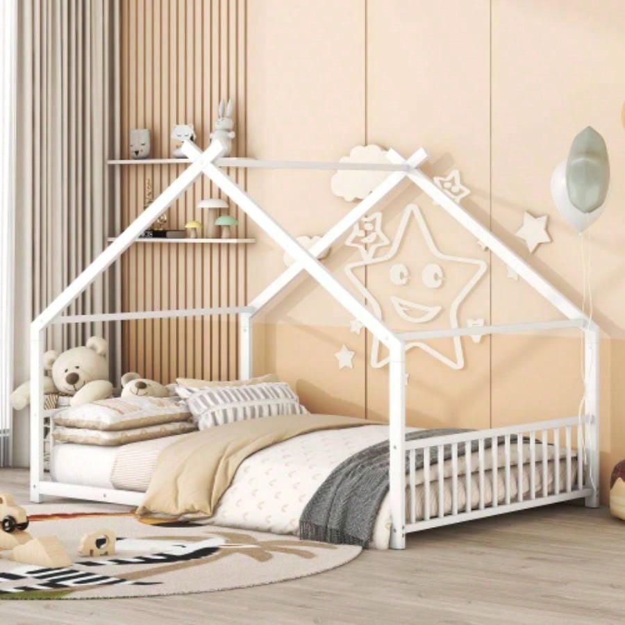 Twin Size Metal House Bed, Pink