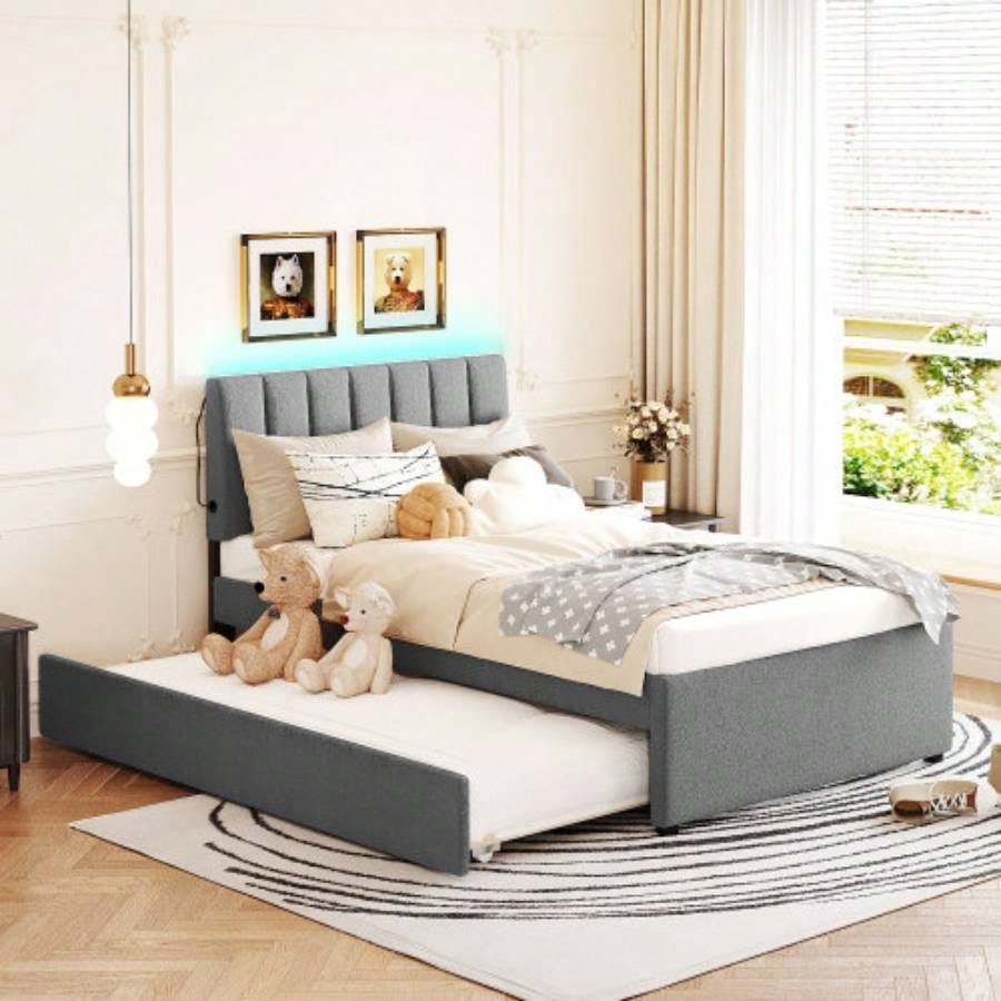 Teddy Fleece Full Size Upholstered Platform Bed with Twin size Trundle, Beige