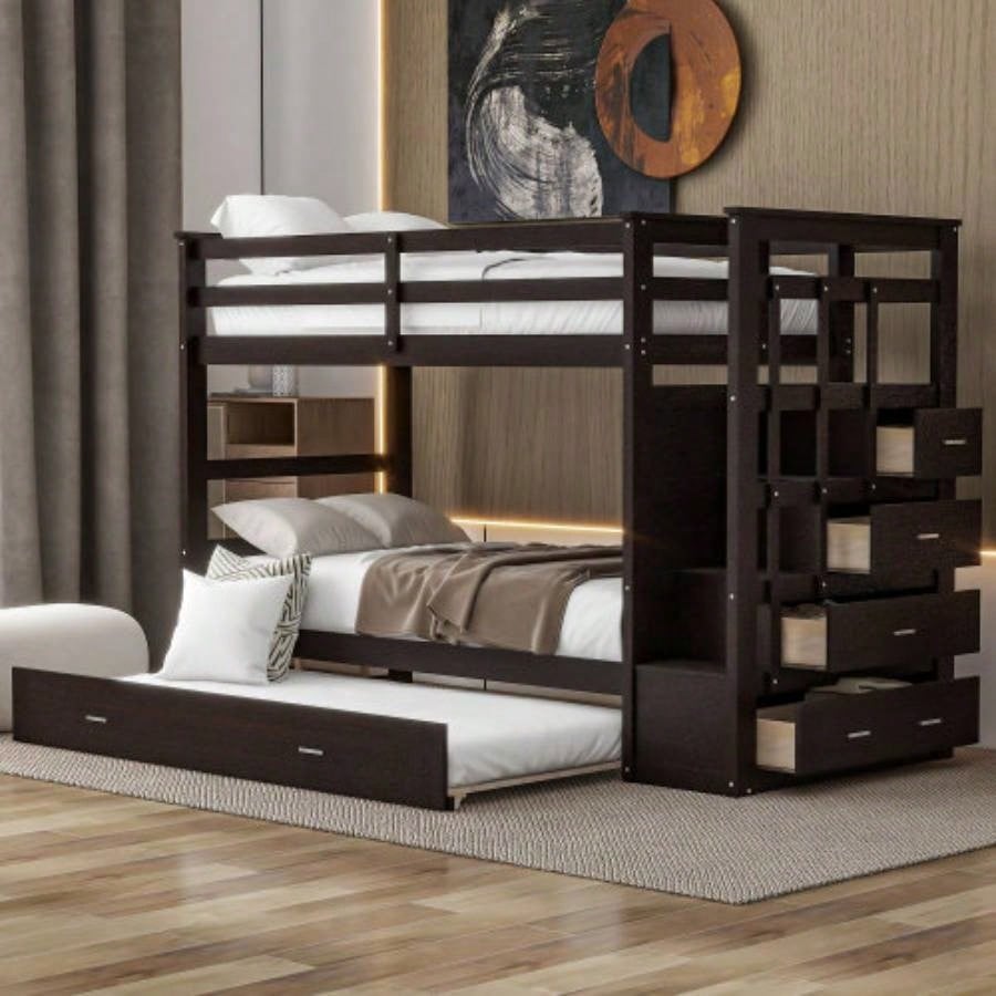 Twin Over Twin Bunk Bed with Trundle and Staircase, GrayOLD SKU: LT000068AAE