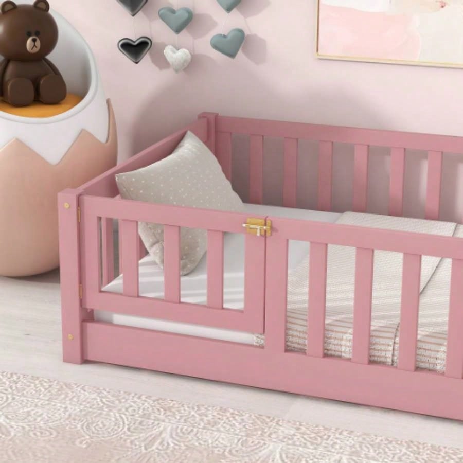 Twin size Floor Platform Bed with Fence and Door, Pink