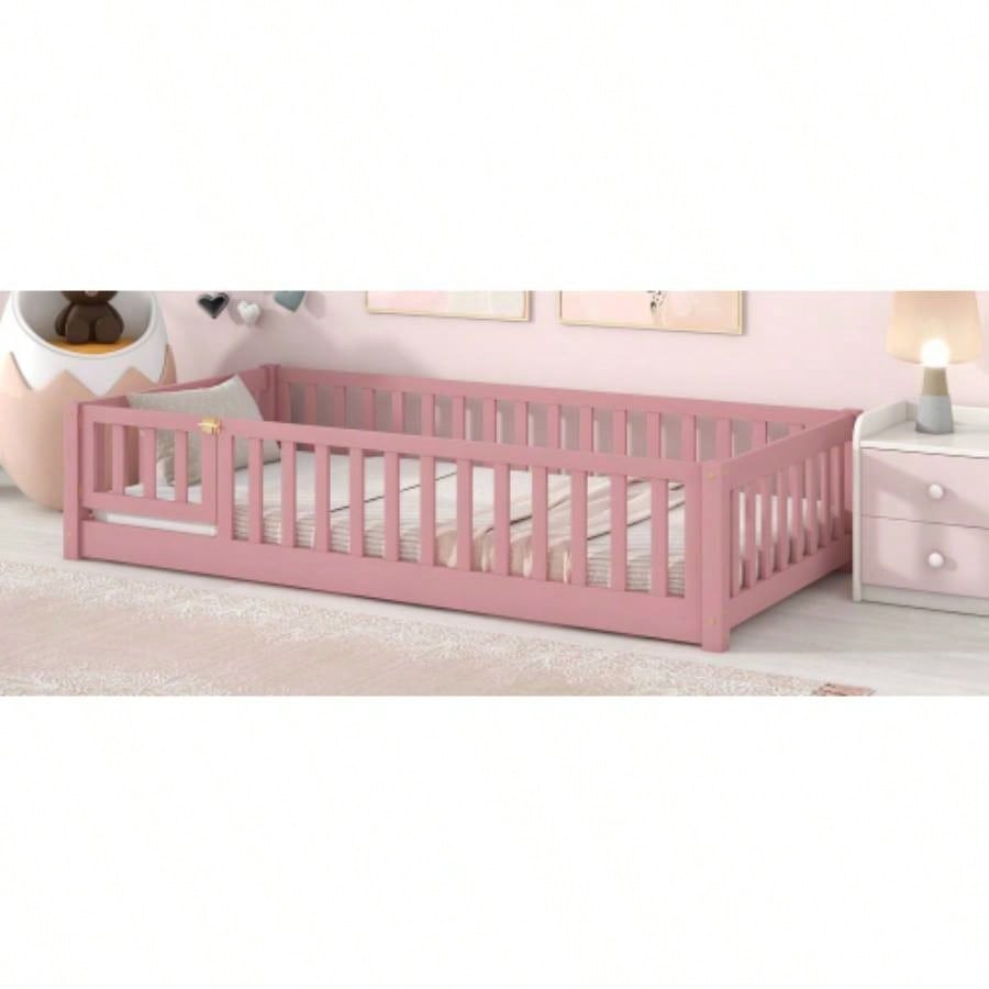 Twin size Floor Platform Bed with Fence and Door, Pink