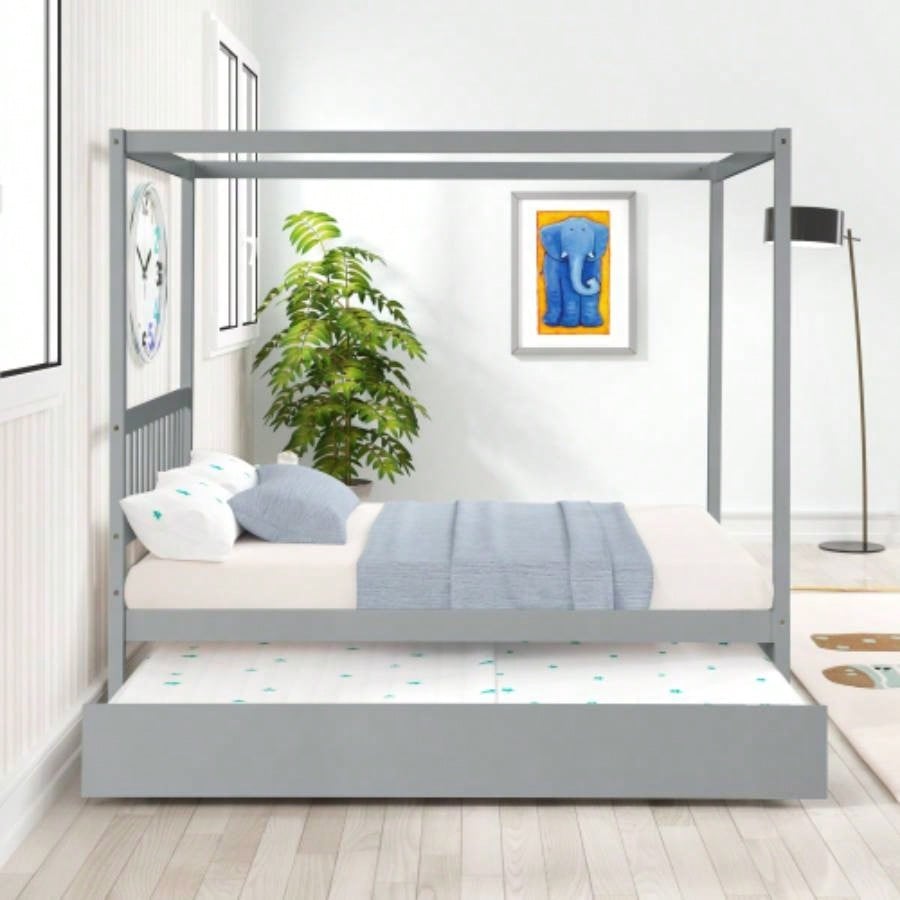 Full Size Canopy Bed with Twin Trundle, Kids Solid Wood Platform Bed Frame/ Headboard, No Box Spring Needed Color
