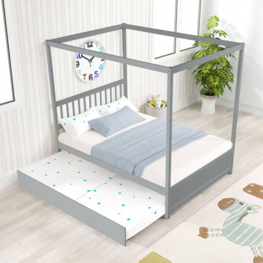 Full Size Canopy Bed with Twin Trundle, Kids Solid Wood Platform Bed Frame/ Headboard, No Box Spring Needed Color