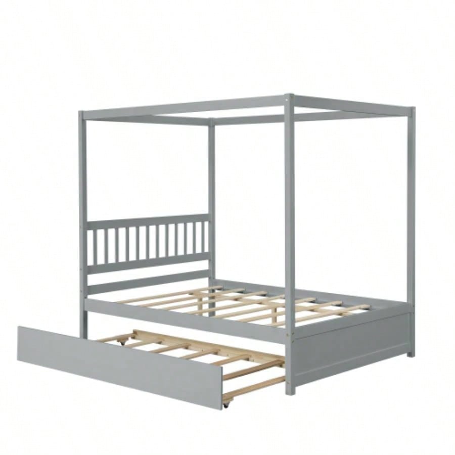 Full Size Canopy Bed with Twin Trundle, Kids Solid Wood Platform Bed Frame/ Headboard, No Box Spring Needed Color
