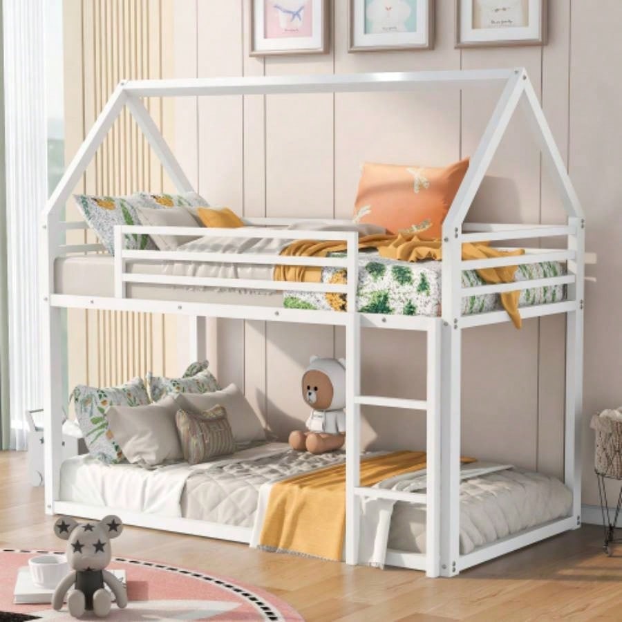 Twin over Twin House Bunk Bed with Ladder and Slide, White