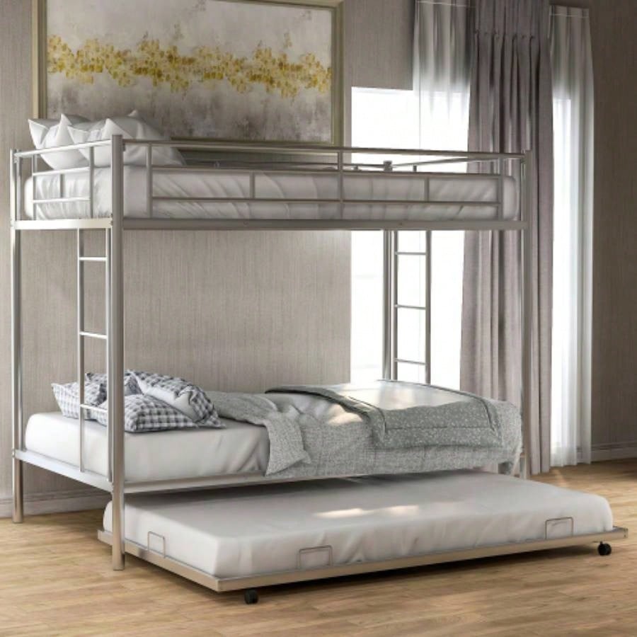 Twin Over Twin Bunk Bed with Trundle in White for Guest Storage