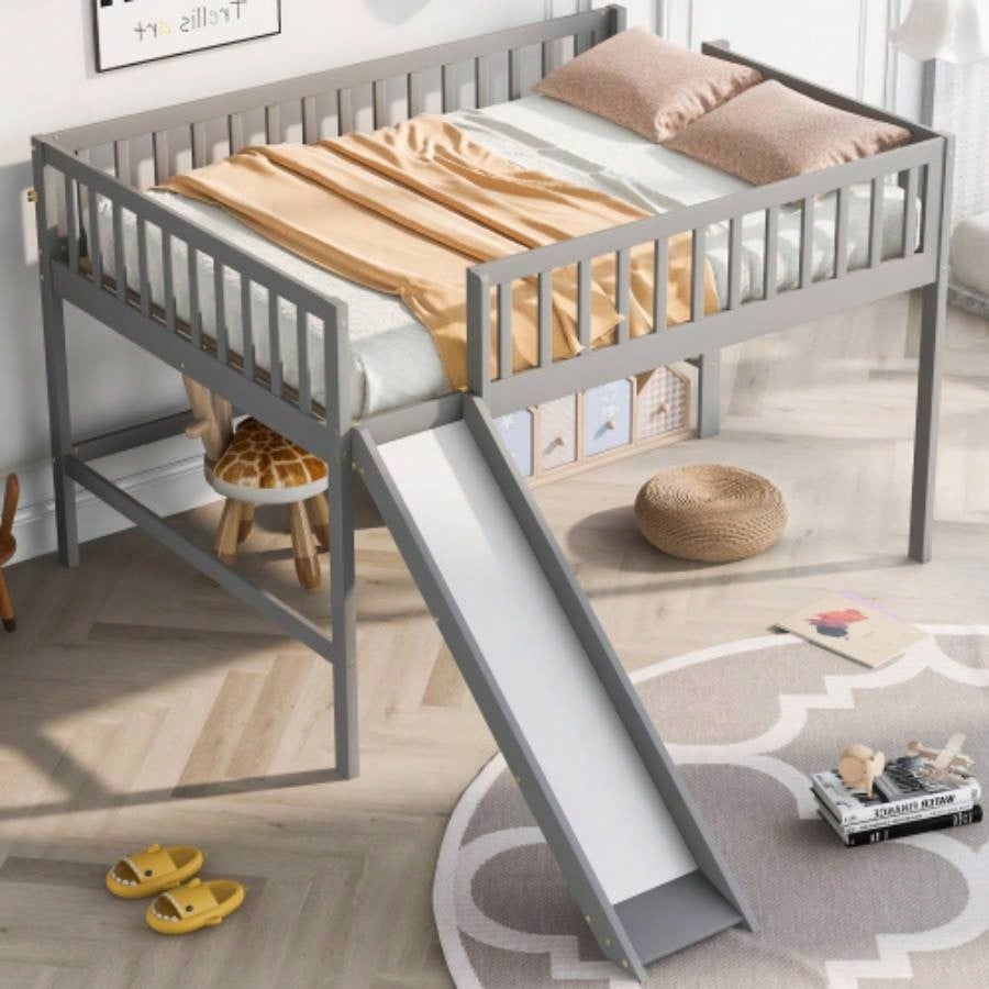 Twin Size Low Loft Bed with Ladder and Slide, GrayOLD SKU: WF196418AAE