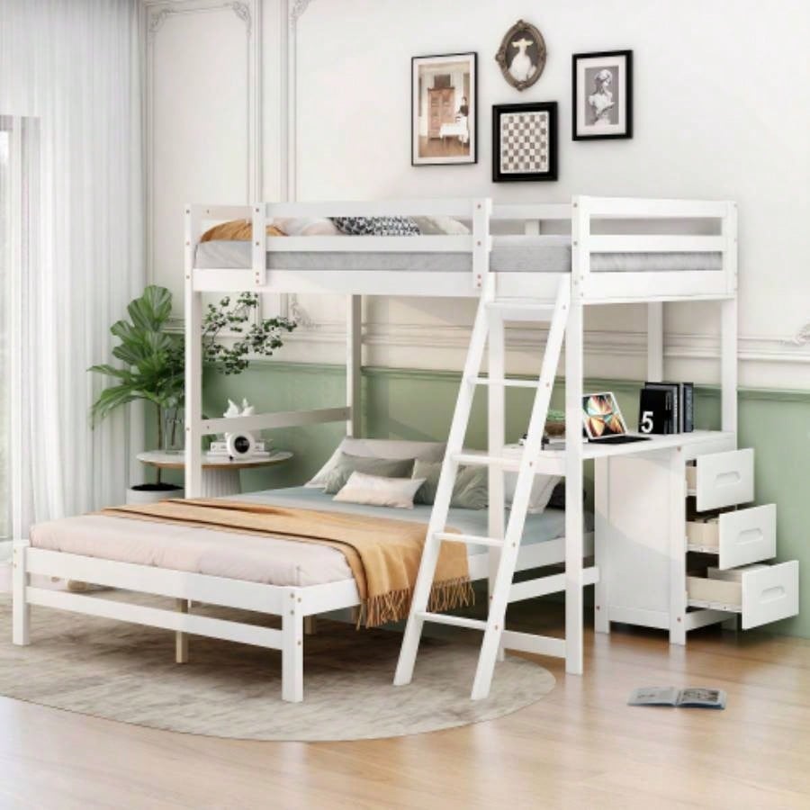 Twin Over Full Bunk Bed with Desk and Drawers for Guest Rooms