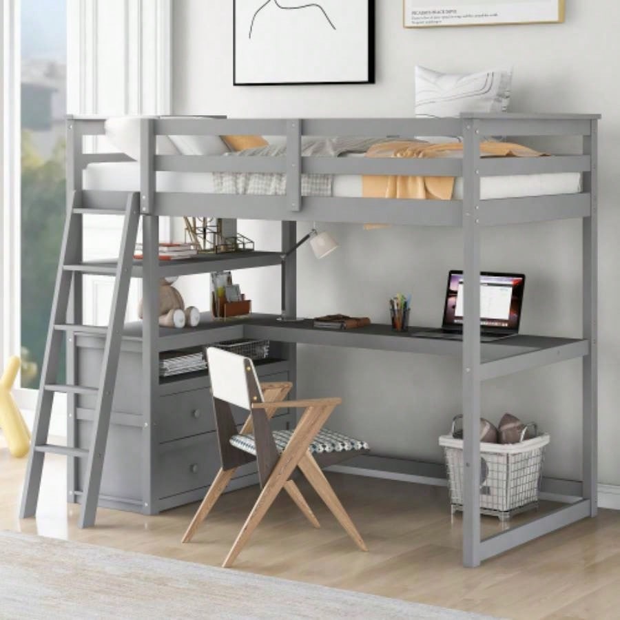 Full Size Loft Bed with Desk and Shelves, Two Built - in Drawers, White