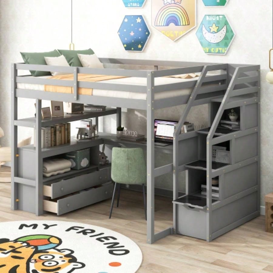 Twin Size Loft Bed with Desk and Shelves, Two Built - in Drawers, Storage Staircase, White