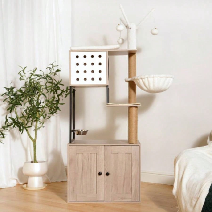 Tree with Litter Box Enclosure - Modern Condo with Scratching Posts, Feeding Bowl Removable Pompom Sticks, Gray