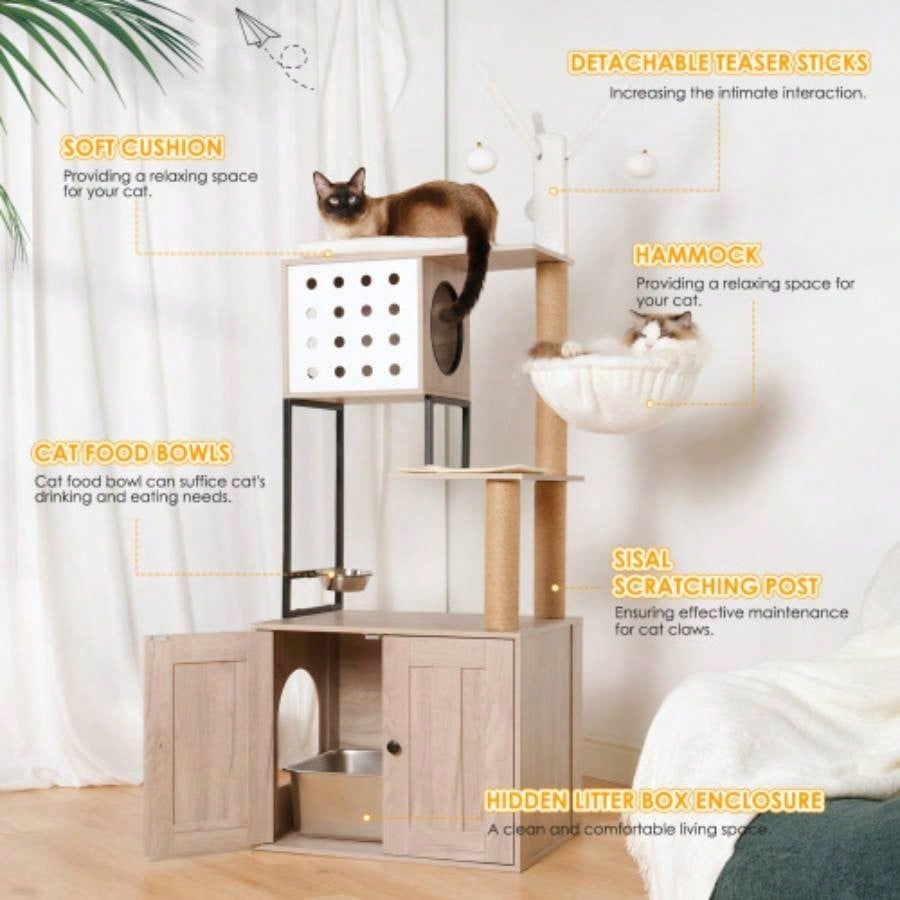 Tree with Litter Box Enclosure - Modern Condo with Scratching Posts, Feeding Bowl Removable Pompom Sticks, Gray