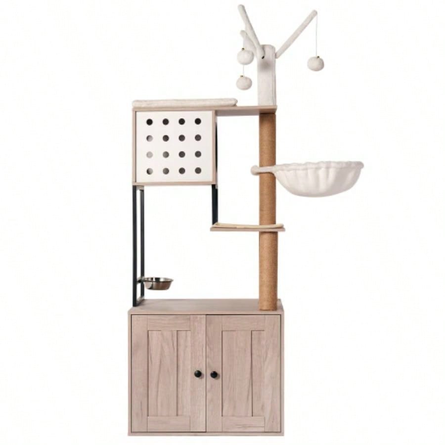 Tree with Litter Box Enclosure - Modern Condo with Scratching Posts, Feeding Bowl Removable Pompom Sticks, Gray