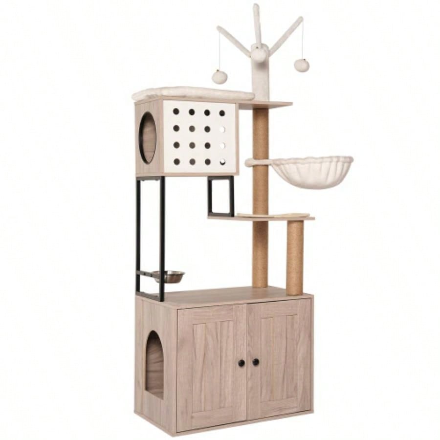 Tree with Litter Box Enclosure - Modern Condo with Scratching Posts, Feeding Bowl Removable Pompom Sticks, Gray